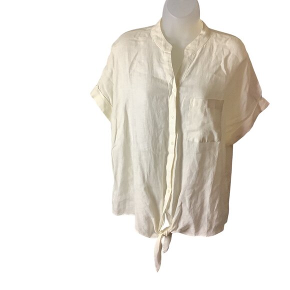 Charter Club Women’s White Linen Button Front Tie Hem Shirt Size M Collarless - Picture 10 of 16